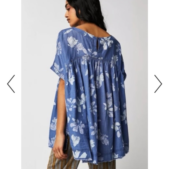 Free People Moon City Blue/White Floral Print Linen Blend Oversize Babydoll Top - Picture 4 of 12